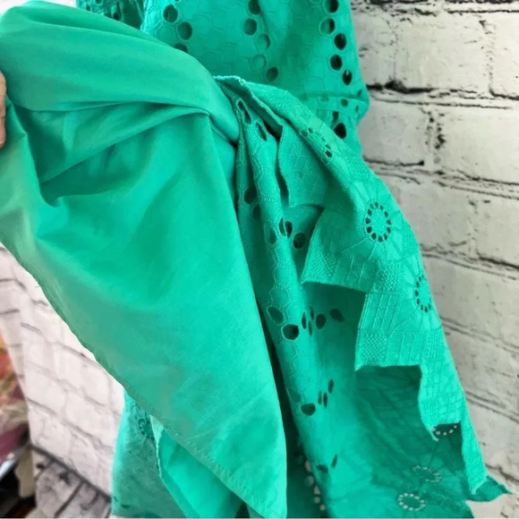 Kobi Halperin Green Eyelet Tiered Midi Cotton Dress V-Neck‎ Sleeveless Medium - Picture 6 of 15